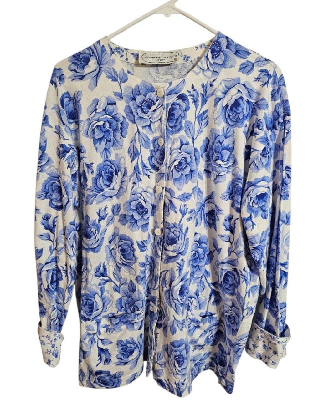Adrienne Vittadini Women XL Cardigan Blue White Cotton Floral Sweater Iconic 90s - Picture 2 of 6
